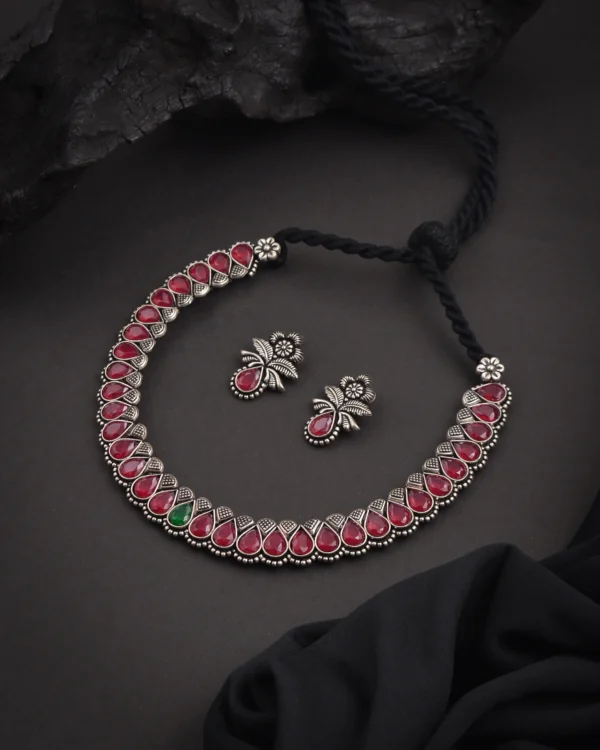 Oxidised Pink Stone Necklace