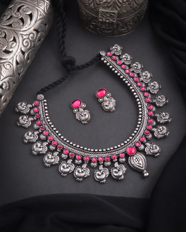 Oxidised Pink Stone Necklace