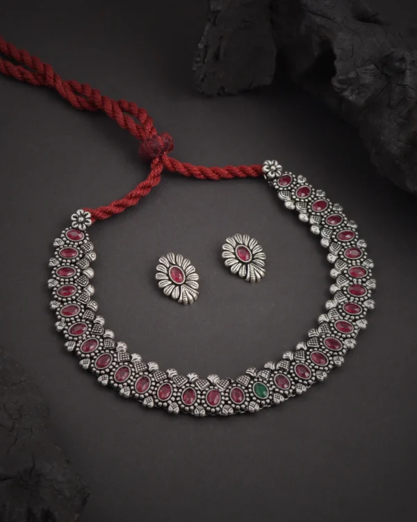 Oxidised Pink Stone Kolhapuri Necklace