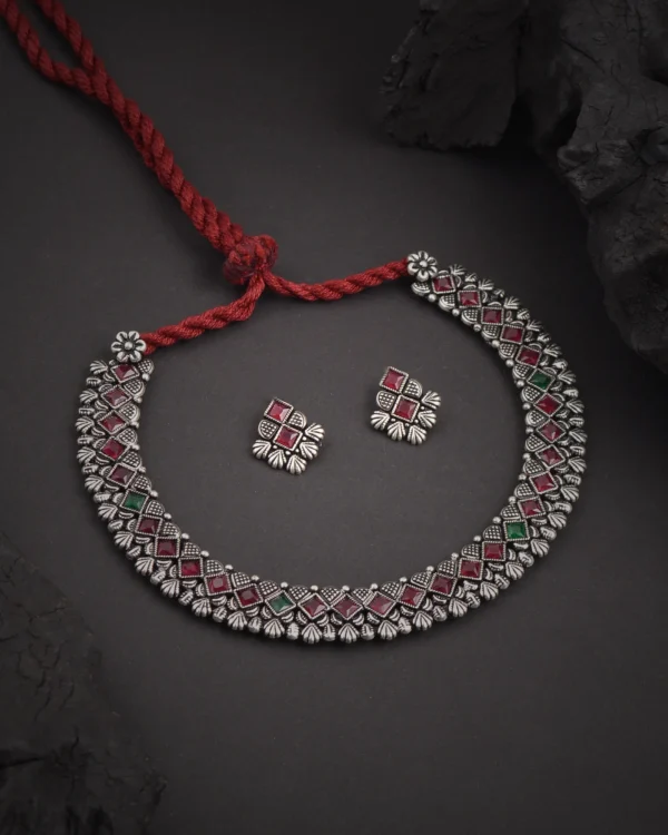 Oxidised Pink Stone Kolhpuri Necklace