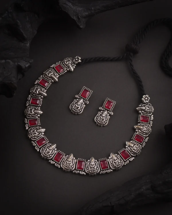 Oxidised Pink Stone Laxmi Motive Necklace