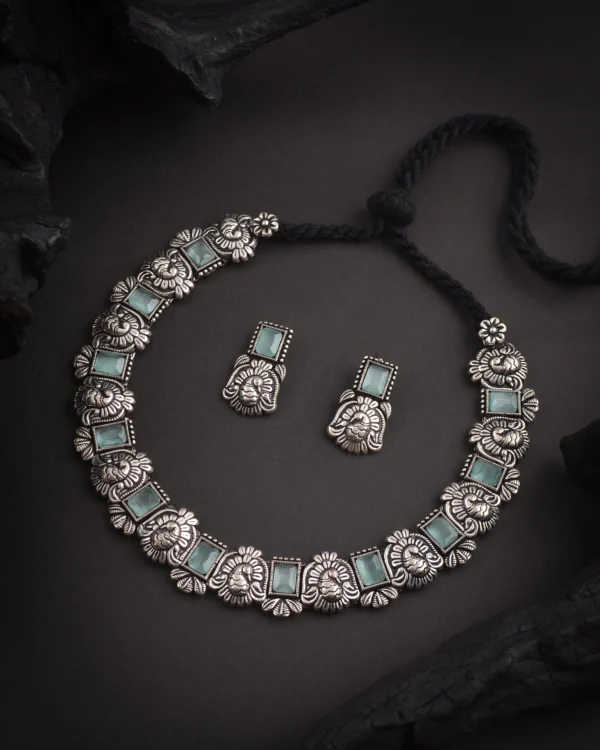 Oxidised Mint Monalisa Stone With Peackock Motive Necklace