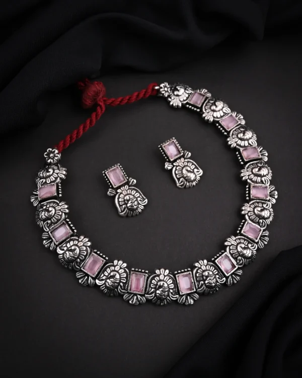 Oxidised Pink Monalisa Stone Necklace Set