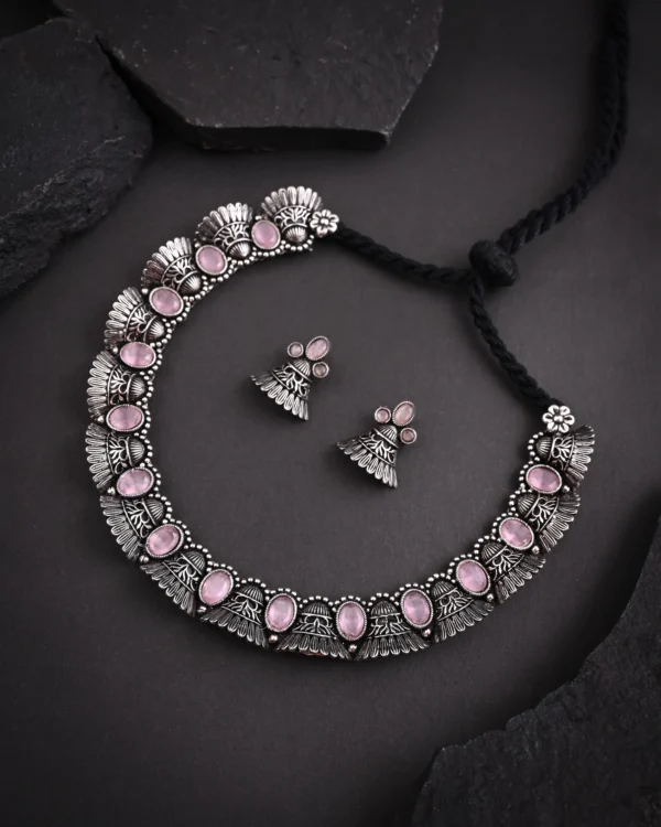 Oxidised Pink Monalisa Stone Necklace set