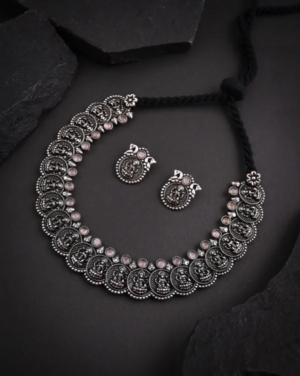 Oxidised Pink Monalisa Stone Necklace set