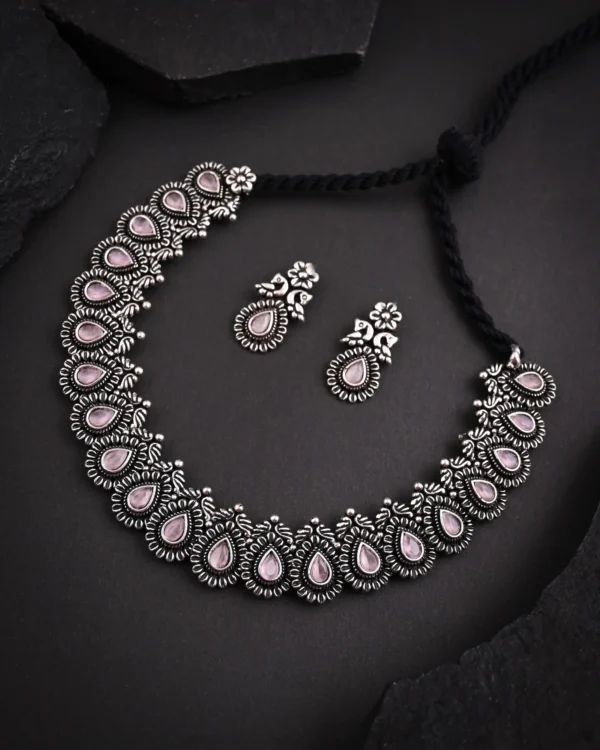 Oxidised Pink Monalisa Stone Necklace set