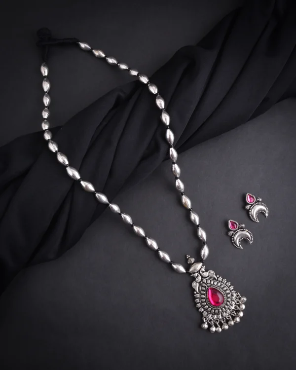 Oxidised Single Layer Bormala with Pendant Long Necklace