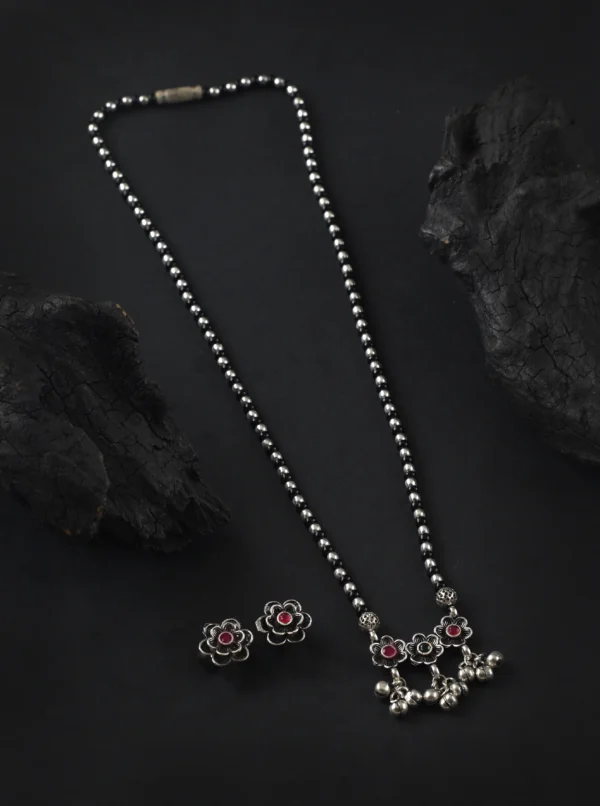 Oxidised 3 Flower Pendant Single layer 18 Inches Mangalsutra