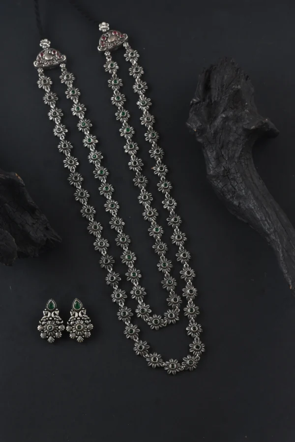 Oxidised Kolhapuri Two Layer Green Stone Bakuli Haar
