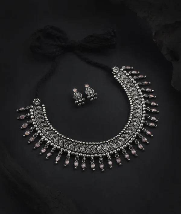 Oxidised Wajratika Pink Monalisa Stone Latkan Necklace