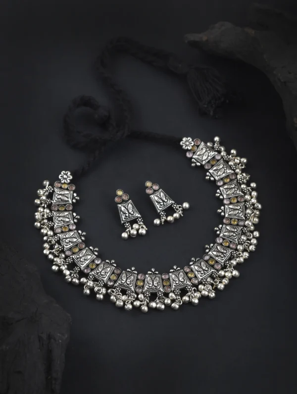 Oxidised Peacock Yellow & Pink Ghungroo Stone Necklace